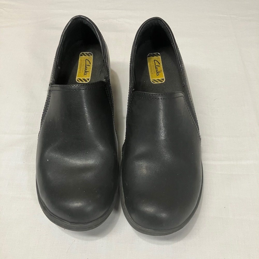 Clarks Womens 66726 Black Leather‎ Slip On Slip Resistant Work Loafers Size 8M - Picture 2 of 7